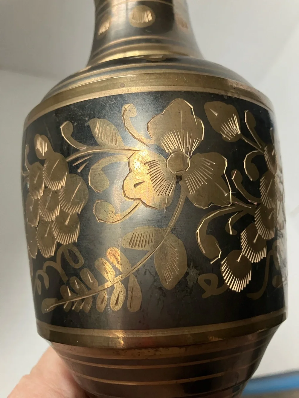 Vintage Brass and Black Floral Etched Vase Scalloped Top 13 Inch 1970’s Decor